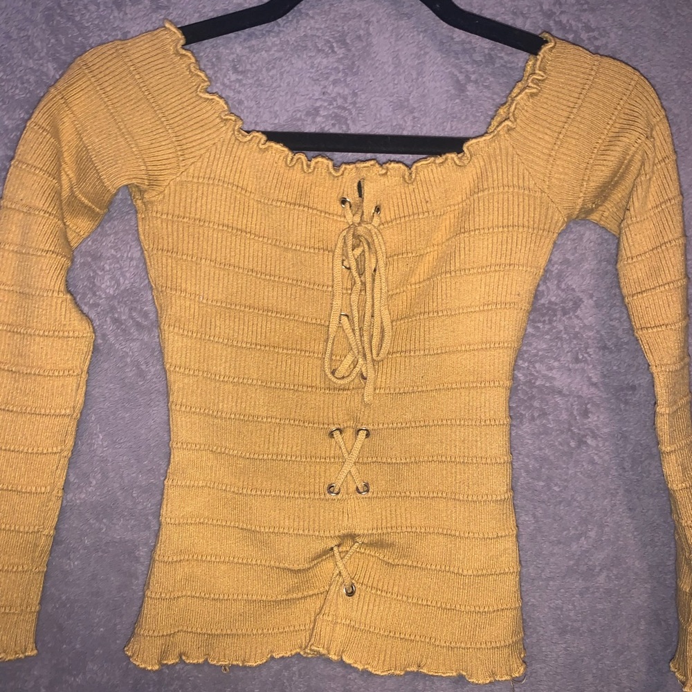 Yellow tight long sleeve off or on the shoulder.